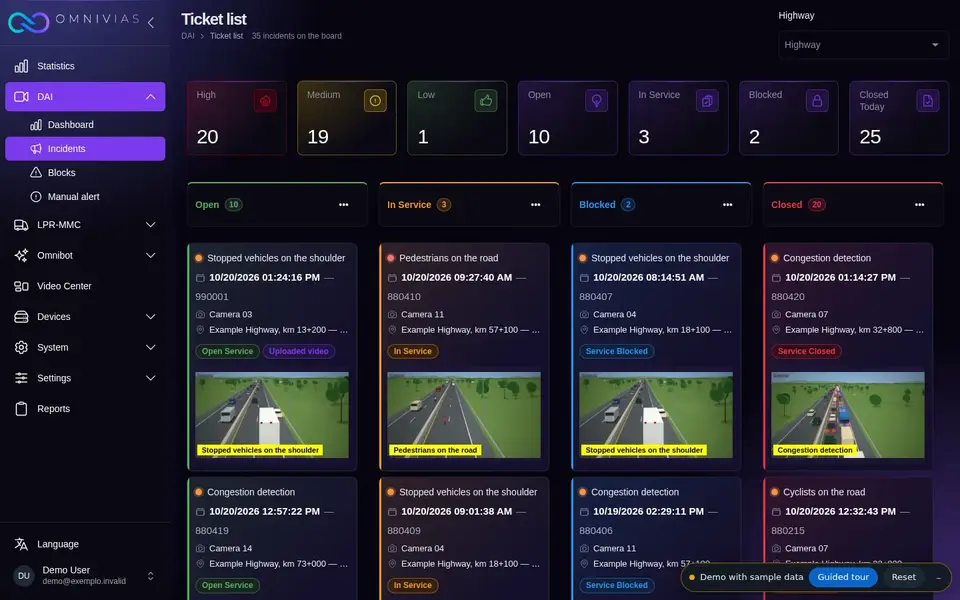 Omnivias platform screen in the demo: DAI incident queue with the image of each event