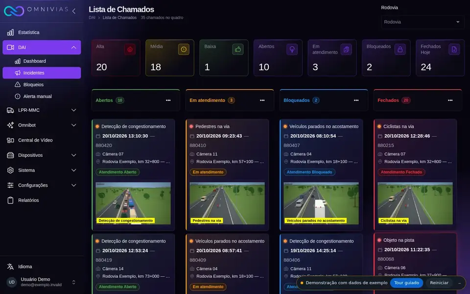Tela da plataforma Omnivias na demonstração: fila de incidentes do DAI com a imagem de cada evento